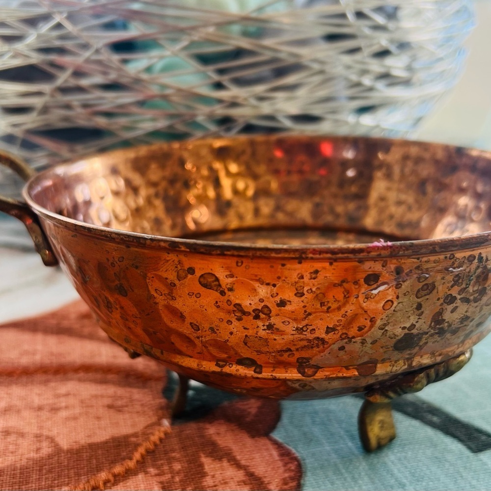 Vintage Hand-Hammered Copper Colander Bowl with Brass Handles & Feet - Picture 2 of 5